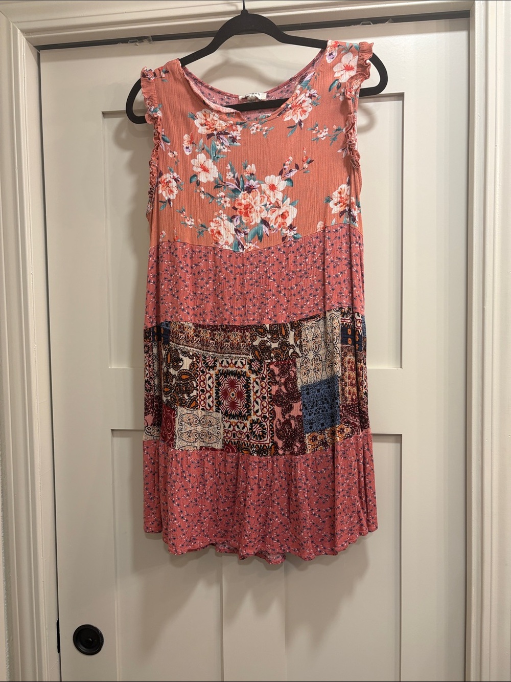 Umgee Coral Pink Floral Patchwork Tank Dress